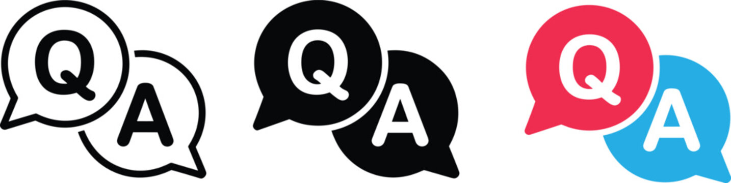 Questions and answers speech bubble icon set with outline silhouette and colorful vector graphic templat