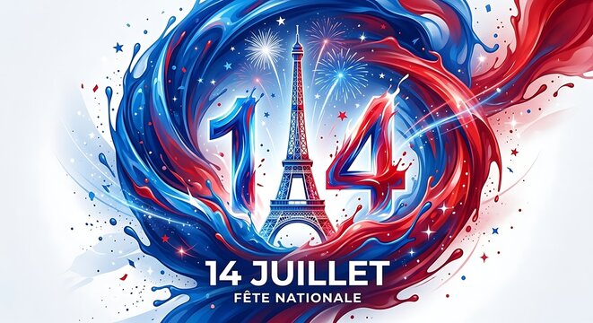 Bastille day celebration with blue and red abstract paint swirls