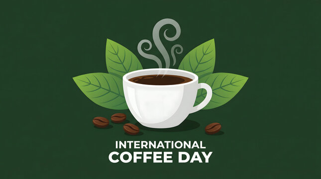 Steaming Coffee Cup with Beans and Leaves - International Coffee Day Celebration