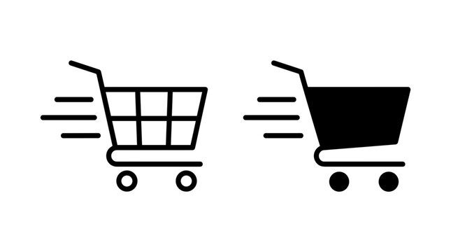 Two icons representing a shopping cart with speed lines, one in outline and the other in solid black, symbolizing fast commerce.