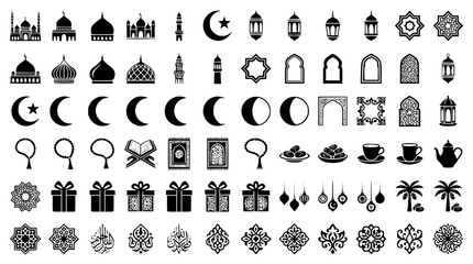 : Modern Islamic Ramadan Vector Icons with Mosque Crescent Moon Lantern and Architectural Elements © Shohel