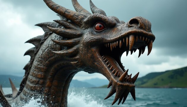 Intricate dragon head carving from wooden Viking ship prow moves through water splashes. Fierce mythological creature with sharp teeth and red eyes sails on ocean waves towards distant green hills.