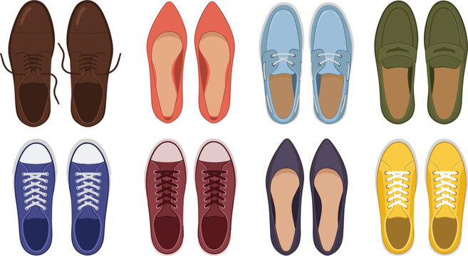 Men and women casual and formal shoes collection top view set including sneakers loafers flats and oxfords vector
