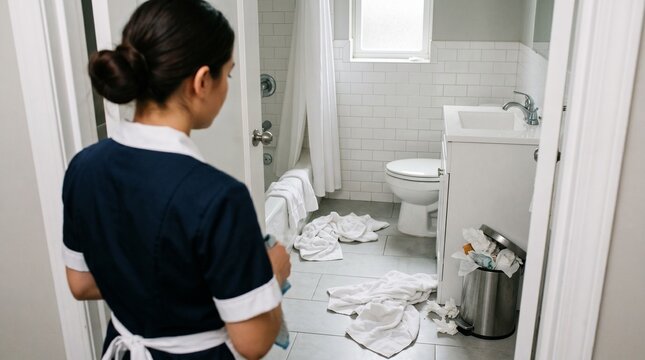  Messy hotel bathroom with used towels dropped on the floor. Over the shoulder view of a maid in uniform. Housekeeping concept.