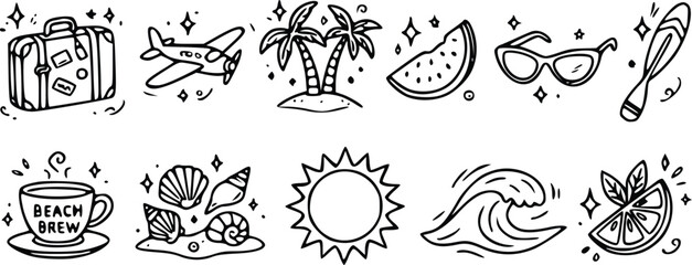 Detailed travel themed vector illustration set featuring black and white hand drawn summer vacation icons for creative design projects © Arun