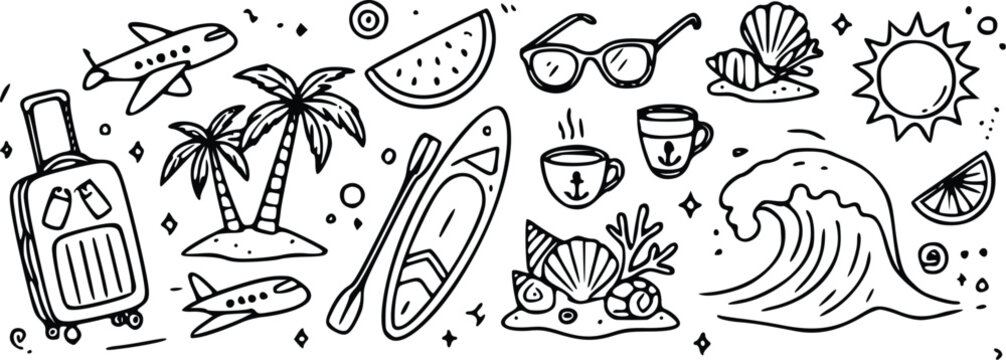 Black and white vector illustration featuring various summer vacation travel icons including palm trees airplanes luggage and ocean waves symbols