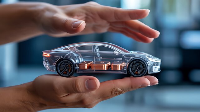 Transparent futuristic car protected by human hands representing automotive insurance safety and advanced vehicle technology