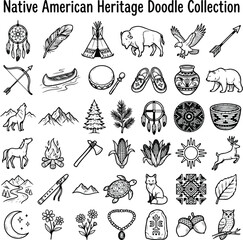Native American Inspired Hand Drawn Doodle Collection with Nature Wildlife and Traditional Heritage Symbols © ProGenPixel