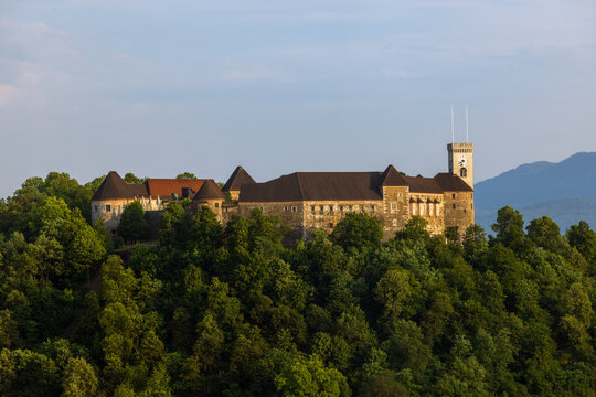 Ljubljana Castle standing on Castle Hill above downtown Ljubljana