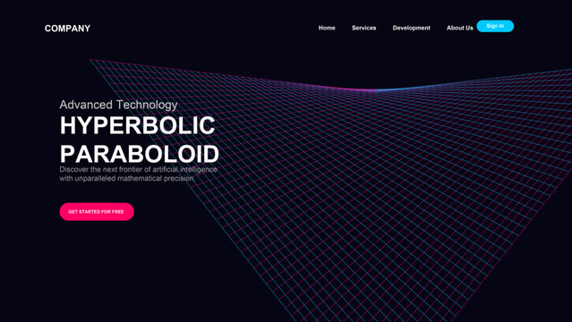 Futuristic technology website landing page featuring an abstract hyperbolic paraboloid grid perfect for data science and innovation concepts