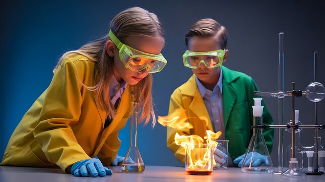 Children conducting science experiment in laboratory with safety goggles and STEM education concept
