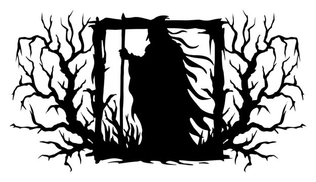 Wizard silhouette standing in magical frame surrounded by gnarled dead trees in dark fantasy style