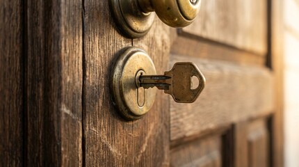 Obraz premium Close-up of a House Key Resting in a Keyhole on a Weathered Wooden Front Door, Fine Wood Grain Texture Visible under Warm Late-afternoon Light