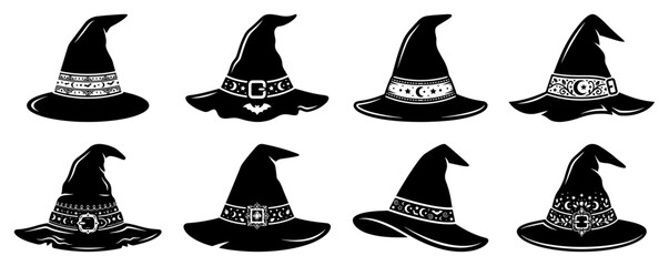 Witch hat collection with different magic patterns and gothic ornaments in black and white silhouette style © Aurora