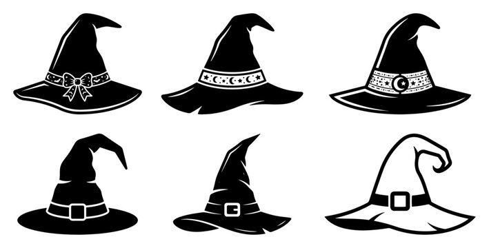 Pointed wizard hats with stars and buckles for halloween celebration in minimal black silhouette style
