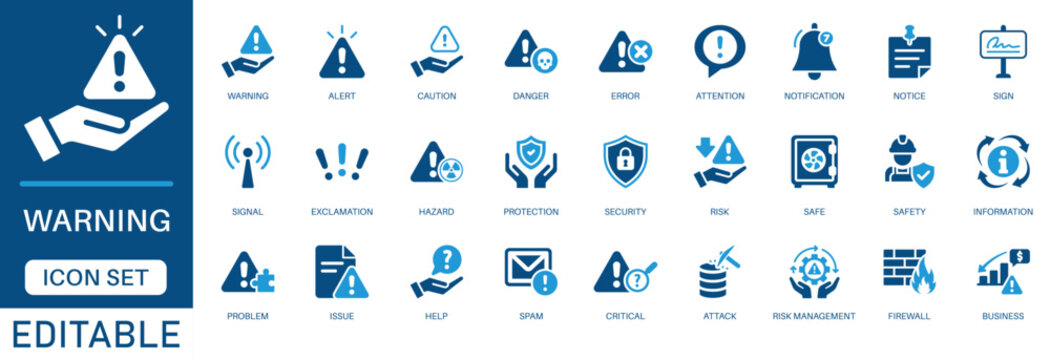 Warning icon set. Featuring caution alert, danger hazard sign, error notification, risk management, safety attention and more flat vector icons.