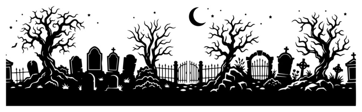 Cemetery gate and tombstones under crescent moon in spooky halloween landscape style