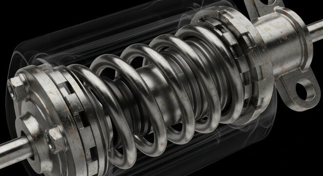 Close-up view of a metallic shock absorber with a spring mechanism against a dark background.
