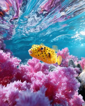 Colorful fish swims above pink coral in a vibrant underwater scene capturing ocean life and beauty