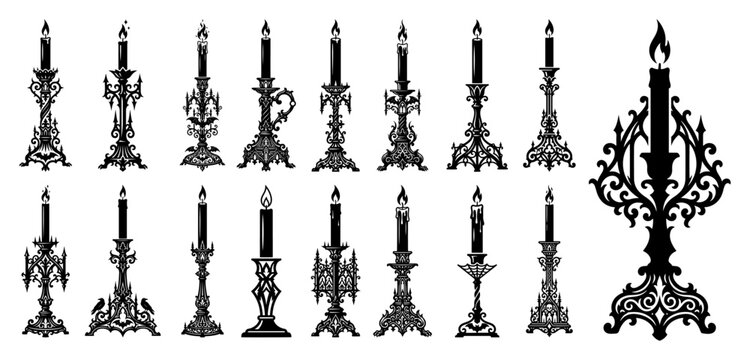 Ornate gothic candelabras and decorative vintage candlesticks in black silhouette style