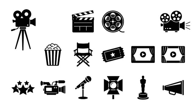 Movie making and cinema black icon set with film camera popcorn director chair and entertainment symbols vector illustration isolated on white background