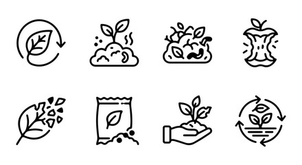 Fototapeta premium Composting Icons: Organic Waste Recycling, Soil Growth, Seed Packet, Apple Core, Leaf Decay