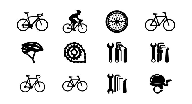 Bicycle Icons Set: Road Bike, Cyclist, Wheel, Helmet, Tools, Bell. Vector Graphics.