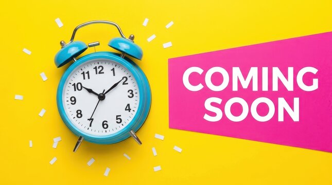 Blue vintage alarm clock on yellow background with pink coming soon sign for marketing announcement and news.