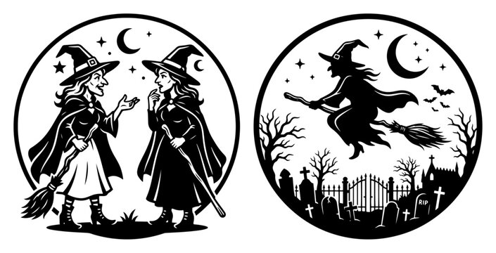 Witches talking and flying on broomsticks over graveyard in halloween silhouette style