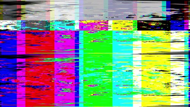 No signal VHS color bars glitch animation with analog distortion and retro broadcast test screen. Perfect for vintage video, VFX, motion graphics, TV effects, and digital overlays.
