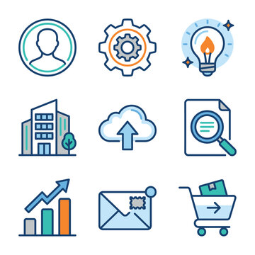 Business icons set including people profile, gear, light bulb, building, cloud, file search, graph, email, shopping cart on white