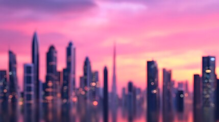 Fototapeta premium A blurred city skyline at sunset with a vibrant pink and purple sky reflecting on the water below.