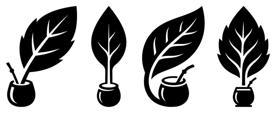 Yerba mate gourd and bombilla straw with green tea leaves in minimalist silhouette style