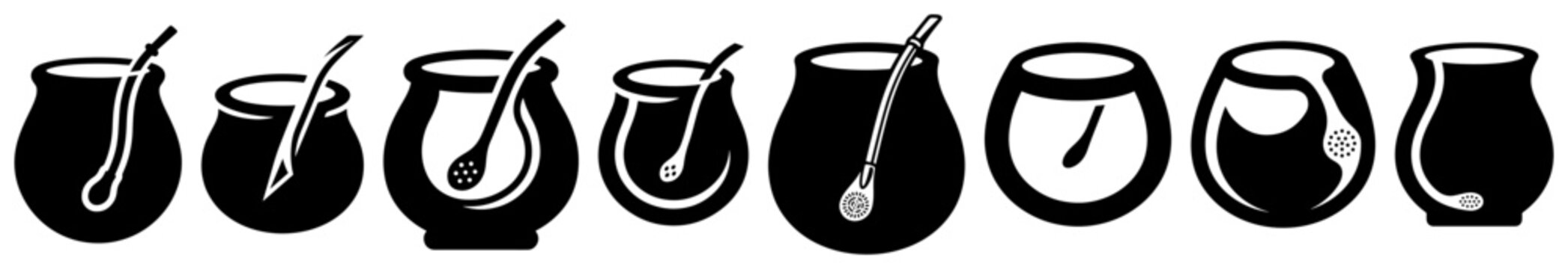 Traditional mate gourds and bombilla straws collection in flat silhouette icon style
