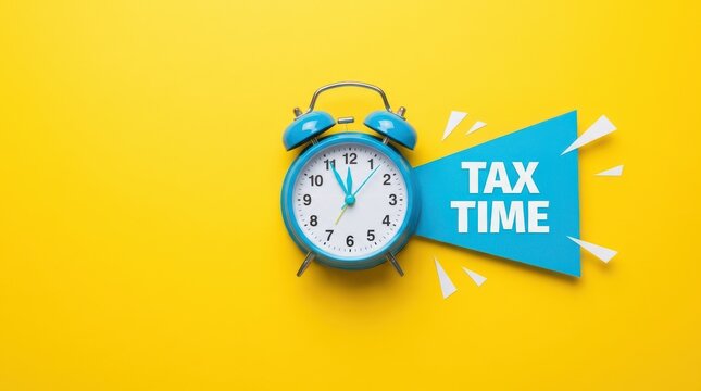 Tax time message on blue speech bubble with alarm clock showing 11:55 on yellow background.