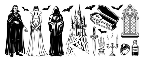 Obraz premium Halloween vampire gothic horror set with castle coffin window dagger ring