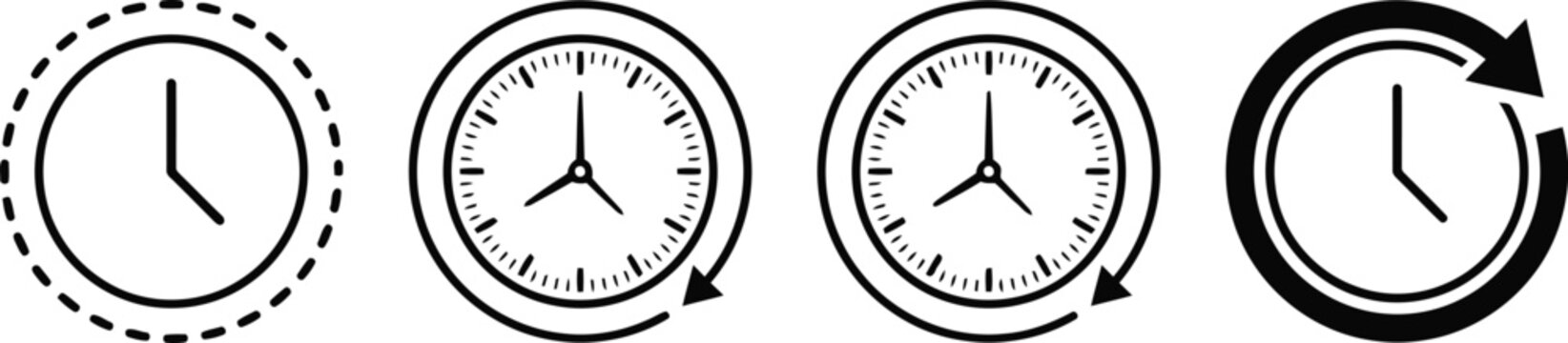 Clocks showing time passage with circular motion arrows
