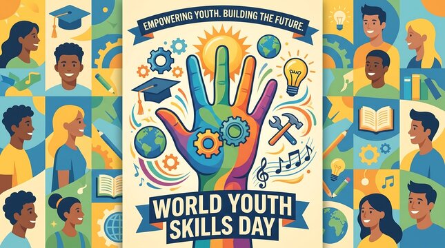 World Youth Skills Day poster with colorful hand and diverse students, empowering youth building the future banner, vocational training and education concept