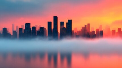 Fototapeta premium A vibrant city skyline at sunset with tall skyscrapers reflected in calm water, enveloped in a layer of fog.