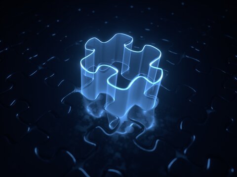 Glowing puzzle piece in motion with neon light