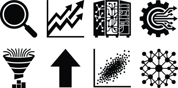 Web analytics and big data science solid black icon set for business optimization and forecasting concepts