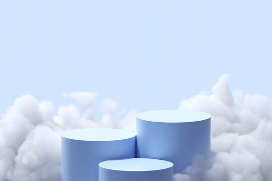 Blue cylindrical podium platforms rising above soft white clouds