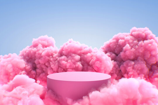 Pink cloud podium platform for product display in sky scene