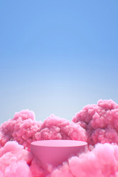 Pink cloud podium platform in pastel sky for product display