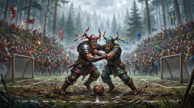 Two viking warriors in full battle armor playing a game of soccer on a muddy forest field