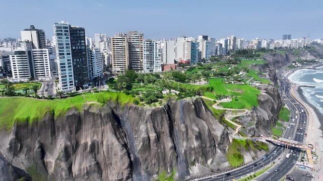 Lima Skyline In Miraflores Lima Peru. Breathtaking Aerial View Of Busy Traffic In A Freeway Road. Tropical Skyline. Seaside Beach. Miraflores Lima.