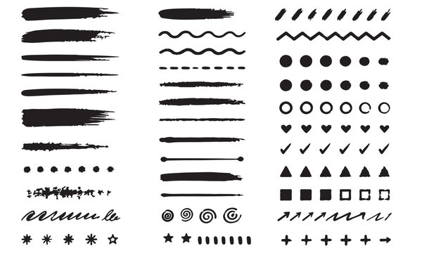comprehensive collection of abstract brush strokes, textured paint marks, hand drawn icons, decorative symbols, geometric shapes, arrows, hearts, spirals, stars, waves, and artistic grunge elements. i
