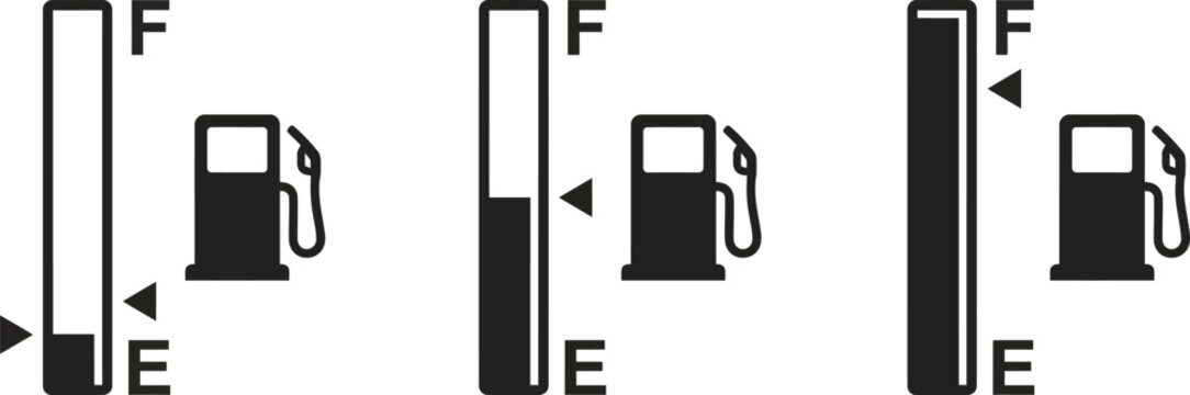 Set of fuel gauge icons showing different levels from empty to full, isolated on a transparent background.