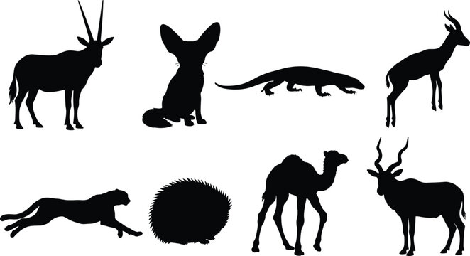 Desert animals black silhouette collection vector icons isolated on a white background