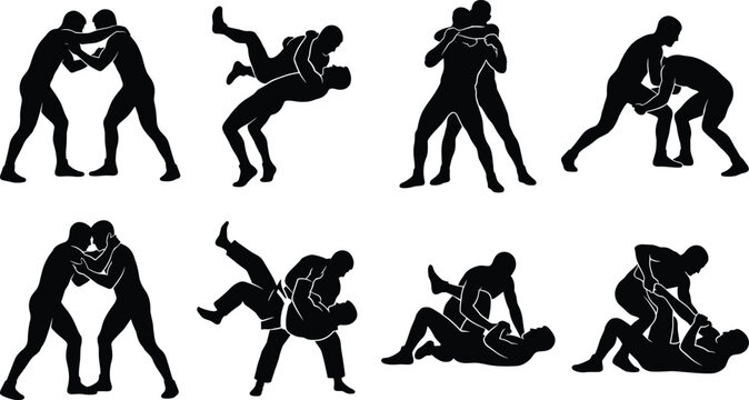 Wrestling and Martial Arts Silhouette Vector Set Featuring Fighters in Combat and Grappling Poses